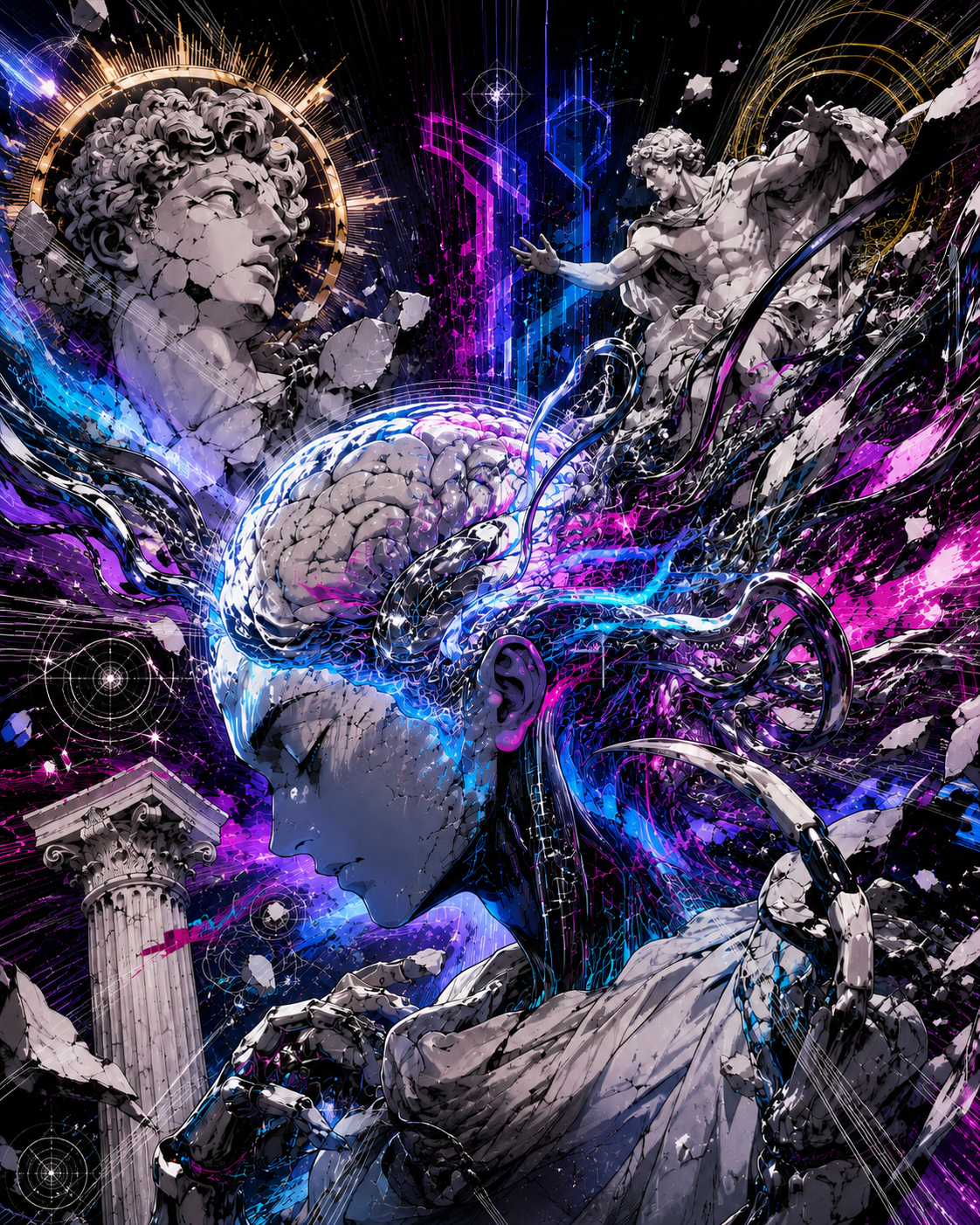 Classical marble sculptures, a human brain, and a Greek column dissolving into neon light and sacred geometry